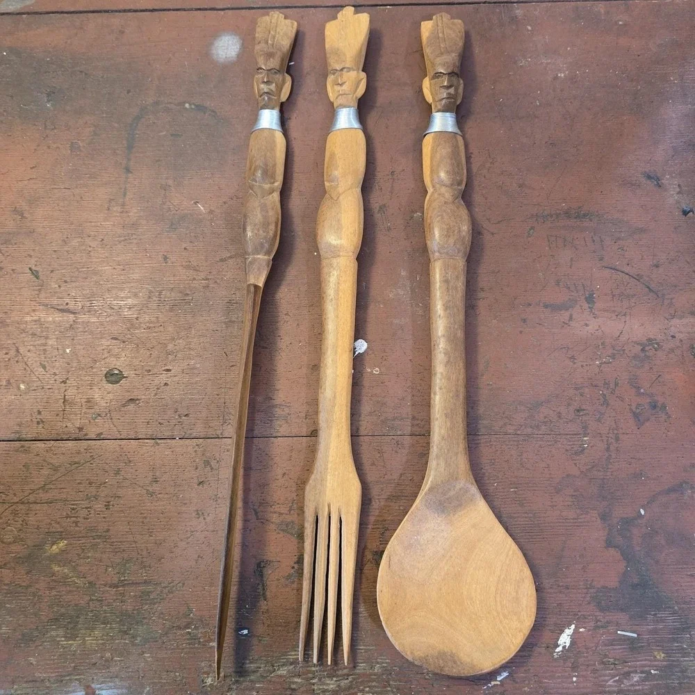 Vintage Hand Carved Wooden Utensil Set Tribal African Decor Art Spoon Fork